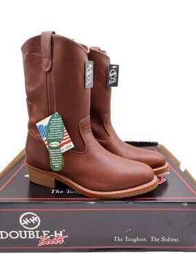Vintage Double-H Boots Mens 10 2E Wide Brown Leather 11" Wellington USA NWB